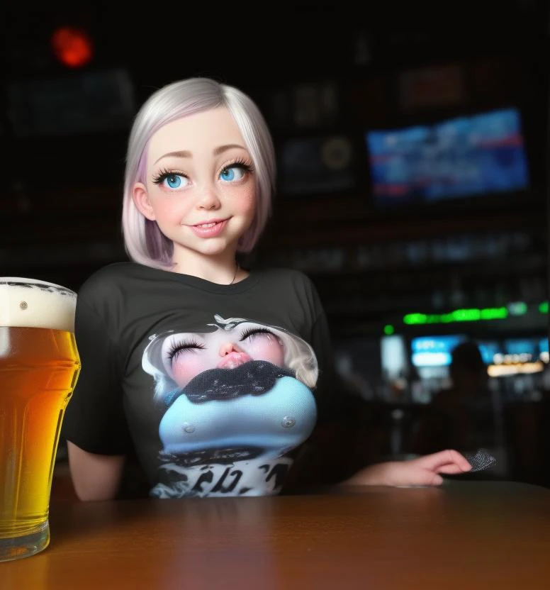 a (photo:1.3) of an (uncannime:1.1) girl wearing an oversized band shirt sitting in a dive bar with a beer, model photography, cosplay, sunset lighting, god rays