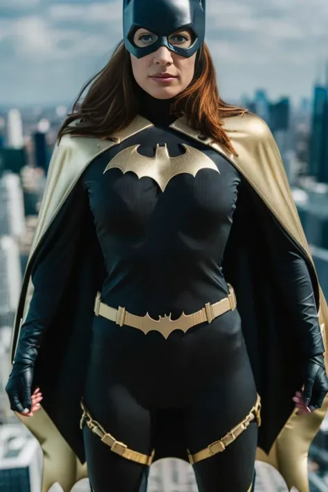 Batgirl standing on a rooftop, hyperdetailed textures, <lora:batgirlTheKillingJoke_v10:1>,realistic,Fujifilm XT3,black bodysuit,(((golden)) cape),(strapped pants),confident face