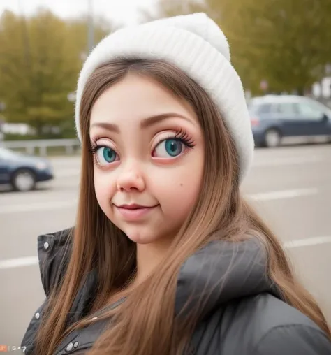 a (photo:1.3) of an (uncannime:1.1) girl wearing a beanie and winter coat at a bus stop, model photography, cosplay