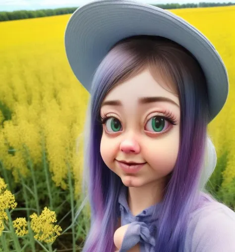 a (photo:1.3) of an (uncannime:1.1) woman wearing a knotted shirt and sun hat in a field of rapeseed, model photography, angled, blue sky with fluffy clouds, purple hair, (overprettified:0.5)