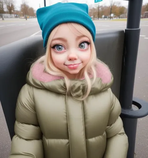 a (photo:1.3) of an (uncannime:1.1) lady wearing a beanie and puffer coat waiting at a bus stop, model photography, cosplay