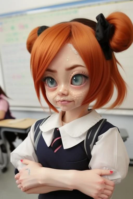 movie scene, a (photo:1.4) of an (uncannime:1.3) (overprettified:0.8) girl, orange hair, spiky hairdo, kkw-Asian, (cosplayer:1.4) wearing a (school girl uniform:1.2), (sailor:1.1) fuku, indoors, japanese classroom, (large anime eyes:1.3), (real life waifu:0.5), with yellow eyes, proud stance, (annoyed angry:1.5) expression, kkw-chibi, (frowning:1.3), fake lashes <lora:Better Portrait Lighting:.3>