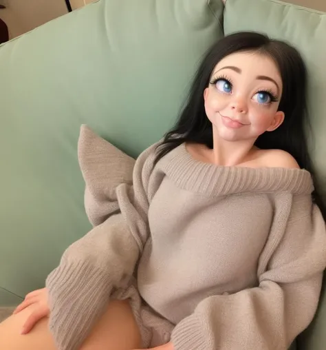 a (photo:1.3) of an (uncannime:1.1) woman sitting on a couch wearing an oversized sweater with a can of soda, model photography