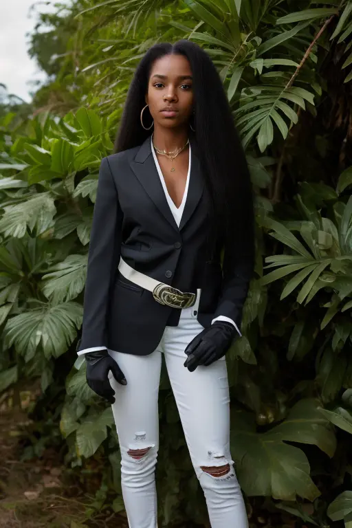 RAW photo, 1girl, (gloves:1.1), photography of an african queen, long hair, black hair, (white suit:1.1), (tie:1.1), (jeans:1.1), belt, looking at viewer, jungle, green background, standing, (high detailed skin:1.2), 8k uhd, dslr, soft lighting, high quality, film grain, Fujifilm XT3