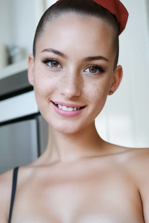 film grain, full frame, ((detailed skin!)), highly detailed face, a closeup portrait of a playful maid, undercut hair, apron, amazing body, pronounced feminine feature, busty, kitchen, [ash blonde | ginger | pink hair], freckles, flirting with camera