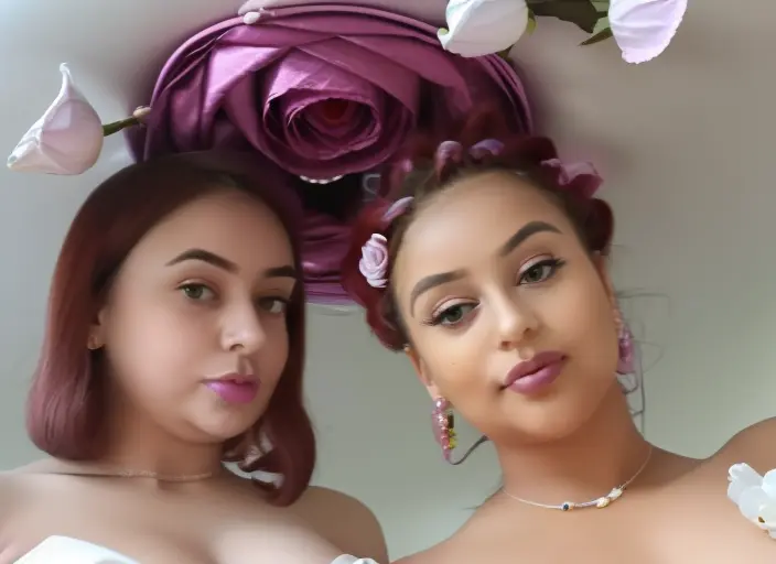 masterpiece, best quality, (2girls), cute, beautiful, young, stunning, bangs, bare_shoulders, black_flower, black_rose, blue_rose, breasts, cleavage, dress, flower, holding_flower, (small_breasts), purple_eyes, rose, strap_slip, thigh_strap, thorns, colorful_hair, french_braid , colorful_makeup, makeup, ((((white_flower, white_rose)))), frilled_choker, lingerie, mirror , (((petals, falling_petals))), bright, pendant, jewelry, ((((night)))), (lamp, warm light) , ((chaise_longue)), blurry_background, blurry_foreground , canopy_bed, (tan), rich, glittery, elegant, shiny, shiny_skin, ((((age_difference, height_difference, size_difference )))), (((happy, blushing))), (((wedding))), (( tight_dress, chubby, plump, bbw, obese, overweight, fat, belly)), nsfw, ((((steam, breast_slip, puffy_nipples, see-through)))), ((black_pantyhose)), ((((bent_over))))