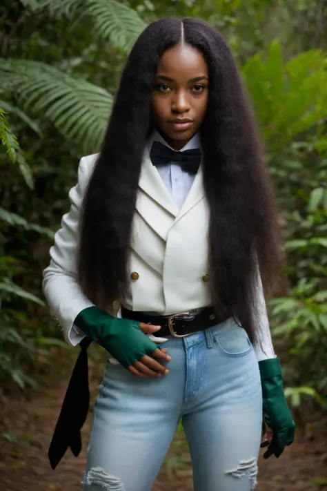 RAW photo, 1girl, (gloves:1.1), photography of an african queen, long hair, black hair, (white suit:1.1), (tie:1.1), (jeans:1.1), belt, looking at viewer, jungle, green background, standing, (high detailed skin:1.2), 8k uhd, dslr, soft lighting, high quality, film grain, Fujifilm XT3