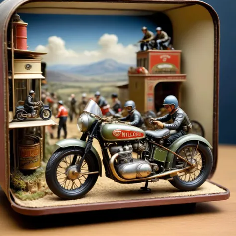 Diorama of a vintage motorcycle race, goggles, intricate details, tiny, small, in a shoebox, surreal, high resolution, beautiful, highest quality, masterpiece, highly detailed <lora:Diorama:1>