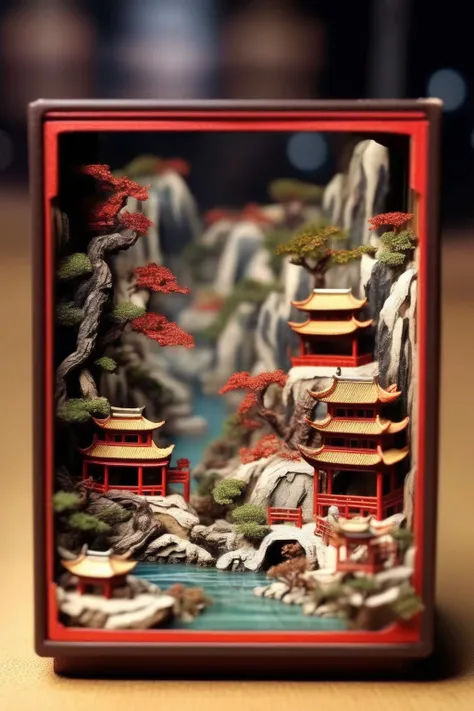 <lora:Diorama:1>Diorama - Miniature Chinese landscape diorama with detailed elements in a matchbox size and HD quality