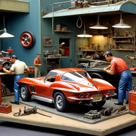 Diorama of repair shop, fixing a car, 1963 covette stingray, intricate details, surreal, high resolution, beautiful, highest quality, masterpiece, highly detailed <lora:Diorama:1>