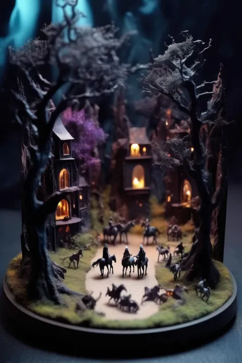 <lora:Diorama:1>Diorama - miniature diorama of a High fantasy world. Should contain horses witches and wood. The background should have a mirror reflecting the scene endlessly. Dark and gloomy and magical atmosphere