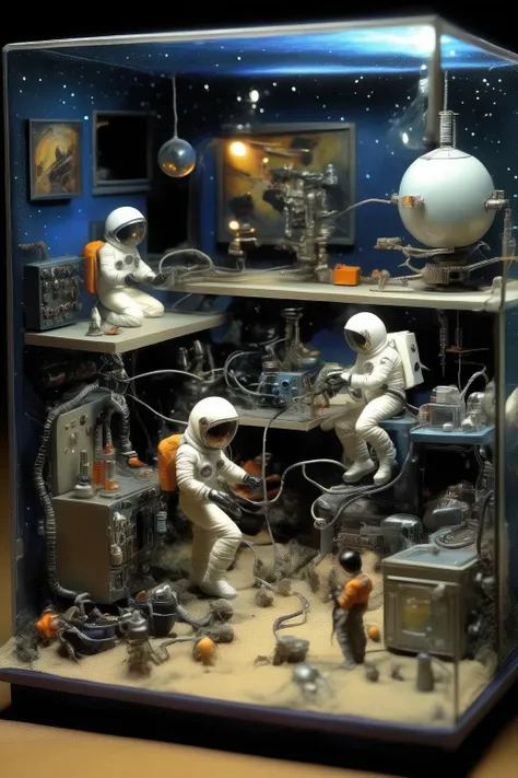 <lora:Diorama:1>Diorama - diorama on a table in glass cube of classic gorgeous pulp art of cosmic astronauts male and female in mechanics desert military coverall doing engine repairs, computer parts wires and hoses a research laboratory, dark bleumarine dark blue cosmic suits, great dutch masters painting of black brown hair Barbarella realistic painting 1970s, fantasy art, on the spaceship core with multiple space gates multiple levels pod architecture, space module with multiple air locks, low lighting, complex helmets on, futuristic intricate details, god rays pastel volumetric light, eerie sandu baciu style, chiaroscuro, hyper realistic, 32k, UHD
