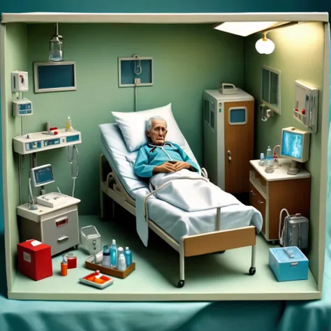 Diorama of a sick elderly person in a hospital room, in a shoebox, surreal, high resolution, beautiful, highest quality, masterpiece, highly detailed <lora:Diorama:1>