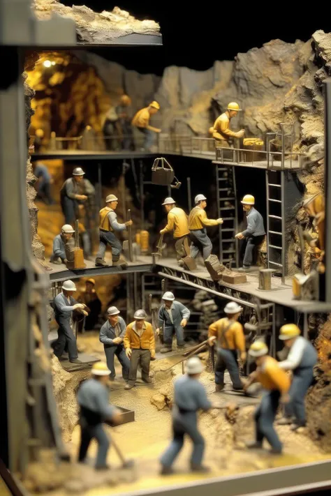 <lora:Diorama:1>Diorama - Diorama, scaled scenery of a group of miners working on the border of an open cut mine fitted into a data rack