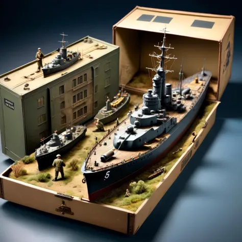 Diorama of a WW2 battleship, in a shoebox, surreal, high resolution, beautiful, highest quality, masterpiece, highly detailed <lora:Diorama:1>