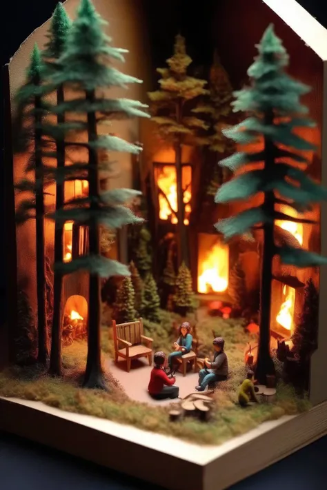 <lora:Diorama:1>Diorama - Beautiful cozy forest diorama. In the diorama you can see a fire, people resting next to the fire.