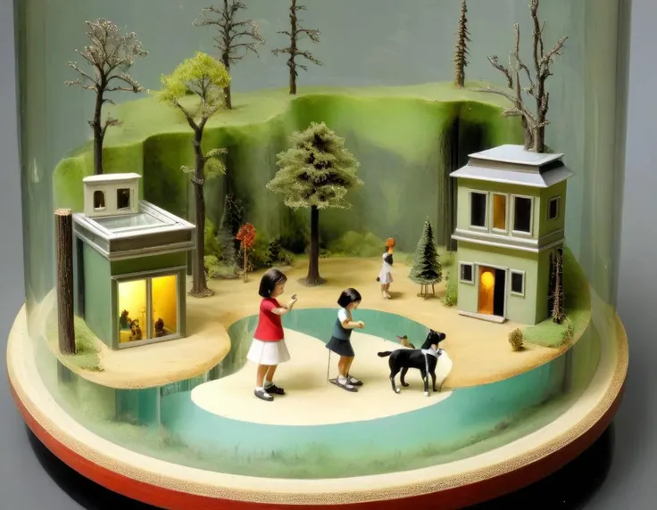 a Diorama on table in glass tube,1girl,house,1dog,<lora:Diorama:3>