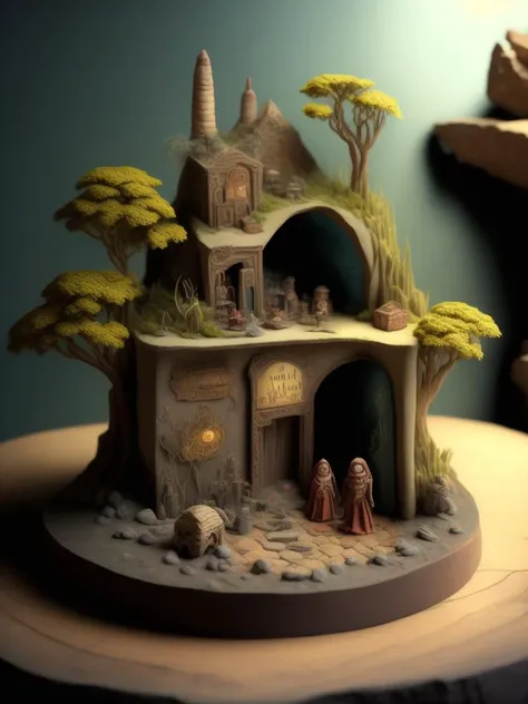 <lora:DIORAMA:1>Elohim polymer clay ancient village diorama