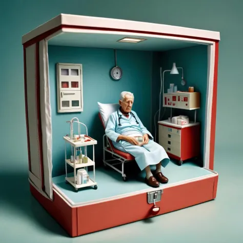 Diorama of a sick elderly person in a hospital room, in a shoebox, surreal, high resolution, beautiful, highest quality, masterpiece, highly detailed <lora:Diorama:1>
