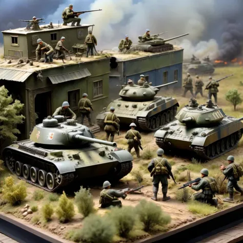 Diorama of the ukraine russian war, tanks, soliders, intricate details, surreal, high resolution, beautiful, highest quality, masterpiece, highly detailed <lora:Diorama:1>