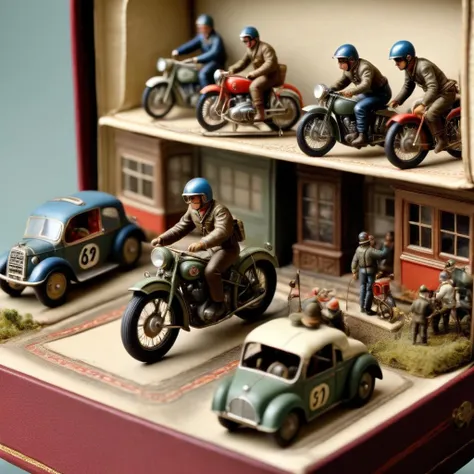 Diorama of a vintage motorcycle race, goggles, intricate details, tiny, small, in a shoebox, surreal, high resolution, beautiful, highest quality, masterpiece, highly detailed <lora:Diorama:1>