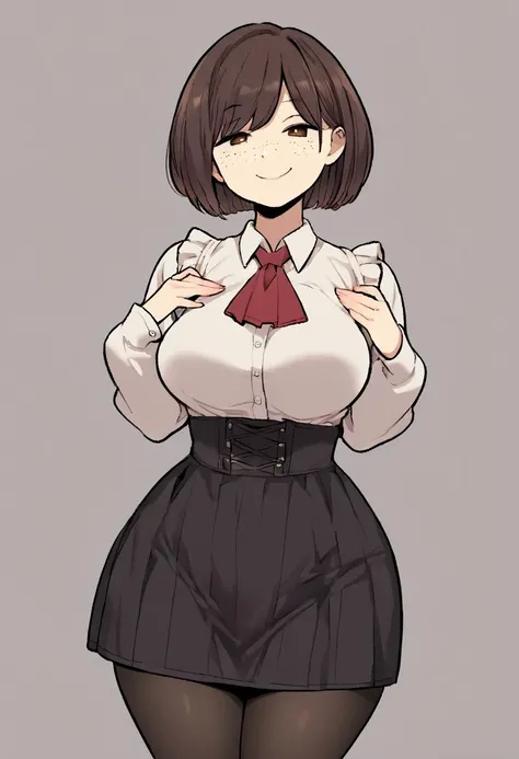 score_9, score_8_up, score_7_up, solo,
BREAK
1girl, smug, large breasts, solo, wide hips, freckles,
{tildevtuber}, 1girl, solo, breasts, looking_at_viewer, smile, skirt, large_breasts, brown_hair, shirt, long_sleeves, brown_eyes, standing, upper_body, white_shirt, pantyhose, frills, collared_shirt, black_skirt, black_pantyhose, ascot, high-waist_skirt, meme_attire, red_ascot, virgin_killer_outfit, {bob_cut}, (swept bangs:0.5), centerfrills,
<lora:Tilde:1> <lora:nora_higuma_pony_v2:1>