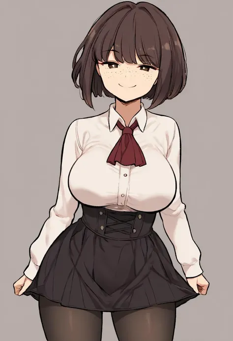 score_9, score_8_up, score_7_up, solo,
BREAK
1girl, smug, large breasts, solo, wide hips, freckles,
{tildevtuber}, 1girl, solo, breasts, looking_at_viewer, smile, skirt, large_breasts, brown_hair, shirt, long_sleeves, brown_eyes, standing, upper_body, white_shirt, pantyhose, frills, collared_shirt, black_skirt, black_pantyhose, ascot, high-waist_skirt, meme_attire, red_ascot, virgin_killer_outfit, {bob_cut}, (swept bangs:0.5), centerfrills,
<lora:Tilde:1>   <lora:nora_higuma_pony_v2:1>