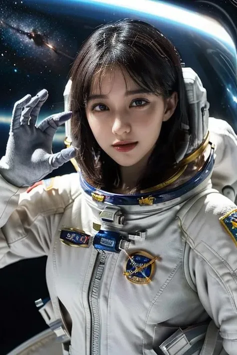 (masterpiece) , (best quality) , (reality: 1.3) , photorealistic, Octane rendering, (surreal: 1.2) , perfect features,((1girl)),((Beautiful face))
((astronaut)), ((spacecraft)), gloves, leotard,spacecraft interior, oxygen mask,((Spacesuit)),((Beyond the glass is the endless starry sky)),((Oxygen mask)),
1girl,(silver short hair), yellow eyes, medium breast, slender, open mouth, smile, happy, ((spacesuit)), (((outer space))), (((stardust))), (((beautiful))), upper body, dutch angle, waving at viewersmile,
Original, extremely detailed wallpaper, highly detailed illustrations, (1 Girl) ,(best lighting) , (super-complex details) , 4K unified, (super-detailed CG: 1.2) , (8K: 1.2),<lora:momooo:0.8>