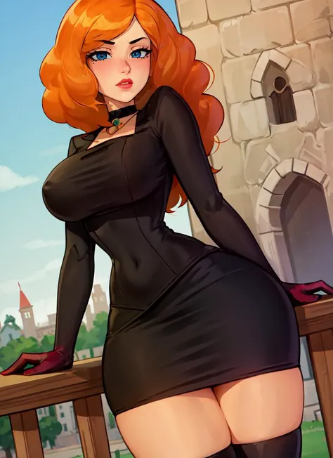 ((best quality)), ((highly detailed)), masterpiece, absurdres, extremely detailed face, beautiful face, (detailed eyes, deep eyes), (1girl), cowboy shot, very wide shot, <lora:missSaraBellumPower_v10:1>, curly hair, wavy hair, long hair, orange hair, mole, mole on breast, medium breasts, hourglass figure, head out of frame, red lips, black choker, jewelry, red dress, collared dress, long sleeves, red pencil skirt, red garter straps, thighhighs, red stiletto heels, (outdoors, at a castle, midday), <lora:LoodnCroodv2:.8>