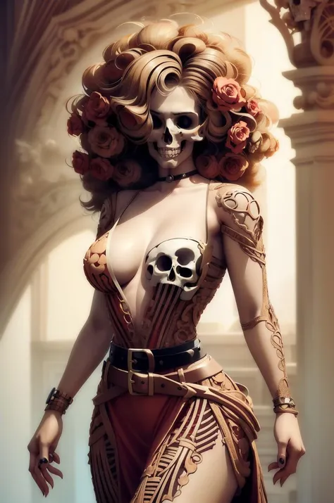 death,DREAD, horror, [(A girl,beautiful eyes:1.2):(skull:1.3):0.52499],(BoneyardAI and perfect face), exquisite face, curly hair,  red dress,belt, slim waist,  tattoo,Dark Fantasy, realistic anime style, realistic shaded, fine details, artstation, digital painting, by Ilya Kuvshinov, Greg Rutkowski and Makoto Shinkai