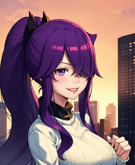 <lora:EZ_Holy_MSV3:0.8> ,holy,long hair,hair over one eye,purple hair,black hair ornament,maturefemale, solo,turtle neck sweater, smile, ponytail,city square, 6pm, orange sky