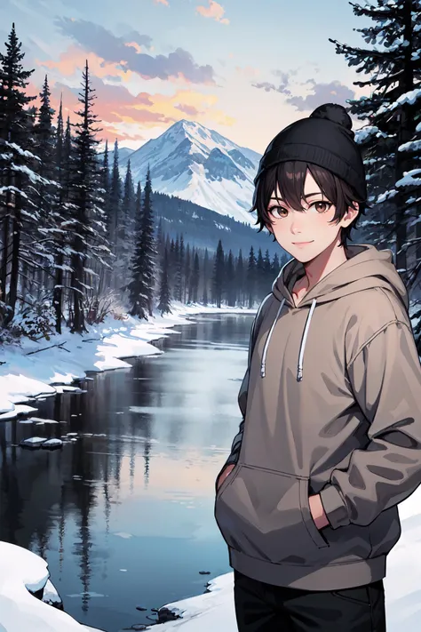 masterpiece, best quality, cowboy shot, looking at viewer, smile,1boy, short hair, black hair, brown eyes, beanie, hoodie, hands in pocket, outdoors, tree, river, snow, mountain, skyline