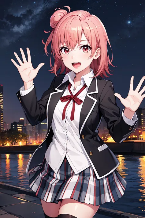 masterpiece, best quality, cowboy shot, looking at viewer, :d, yui yuigahama, short hair, single hair bun, school uniform, black jacket, open jacket, ribbon, collared shirt, plaid skirt, kneehighs, waving, outdoors, night, river, skyline, <lora:yui_yuigahama_v2:1>