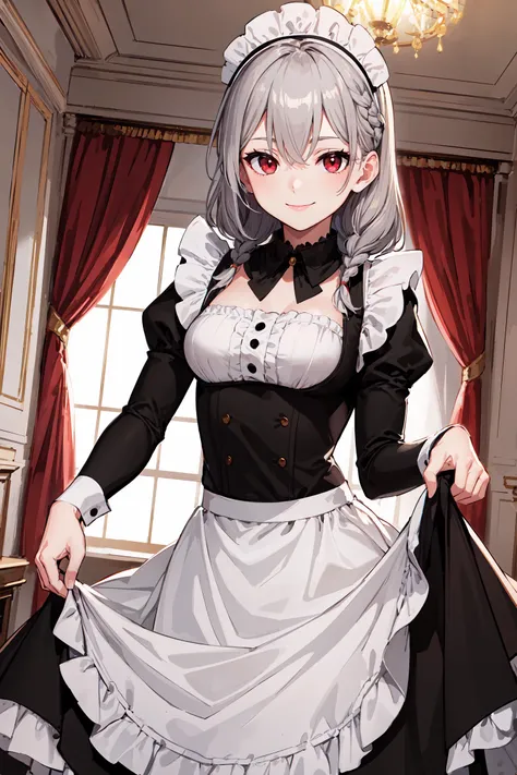 masterpiece, best quality, cowboy shot, looking at viewer, smile, 1girl, grey hair, braid, red eyes, maid, black dress, maid headdress, maid apron, juliet sleeves, dress lift, indoors, mansion, gold trim, decorations