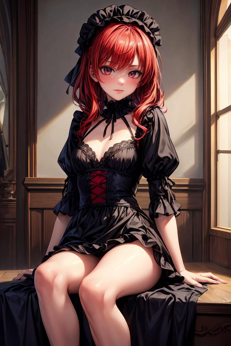 (masterpiece, best quality), 1girl, red hair, medium chest, gothic frill dress, pervert face, <lora:add_detail:1>