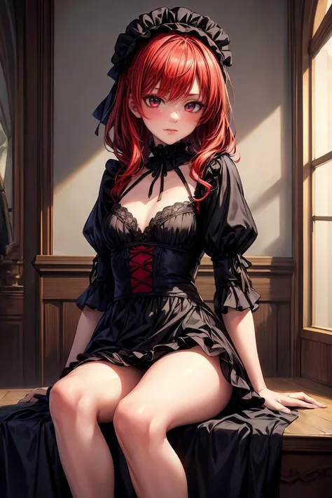 (masterpiece, best quality), 1girl, red hair, medium chest, gothic frill dress, pervert face, <lora:add_detail:1>