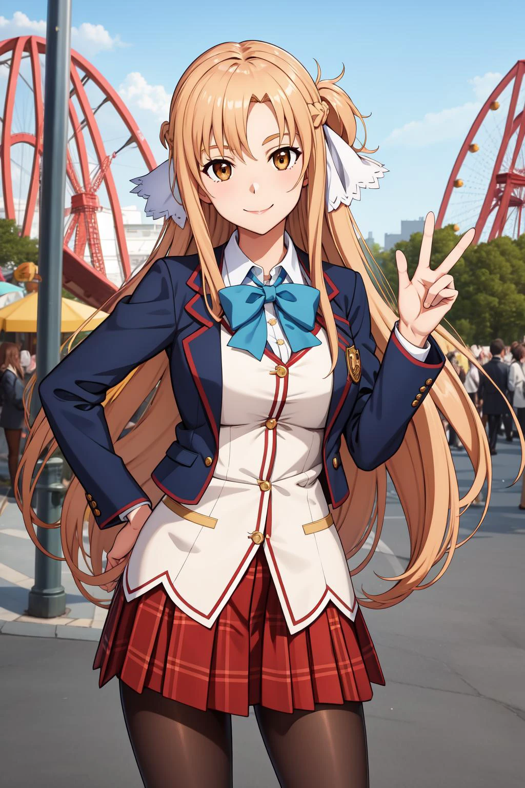 masterpiece, best quality, highres, looking at viewer, ddasuna, long hair, brown hair, hair ribbon, brown eyes, red bowtie, blue jacket, blazer, long sleeves, plaid skirt, brown skirt, pantyhose,
peace sign, amusement park, smile, standing <lora:asuna_(sao)_v1:.8>