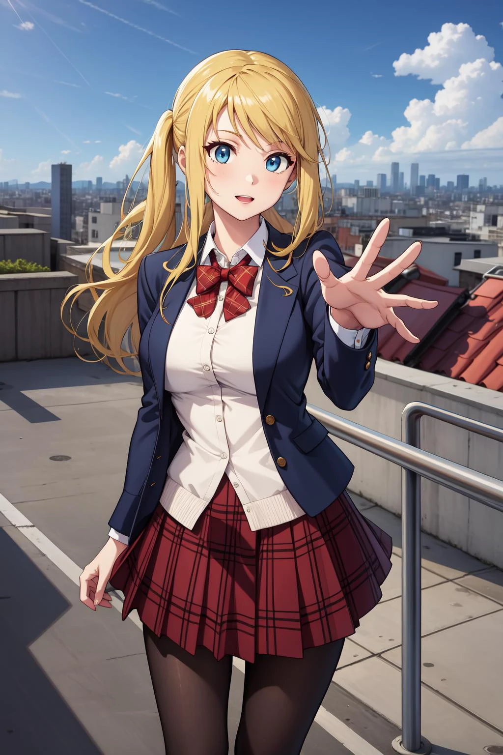 masterpiece, best quality, highres, winry rockbell, medium breasts, red bowtie, blue jacket, blazer, long sleeves, plaid skirt, brown skirt, pantyhose, <lora:winry-nvwls-v1:.7>, reaching out, city, rooftop, sky, standing