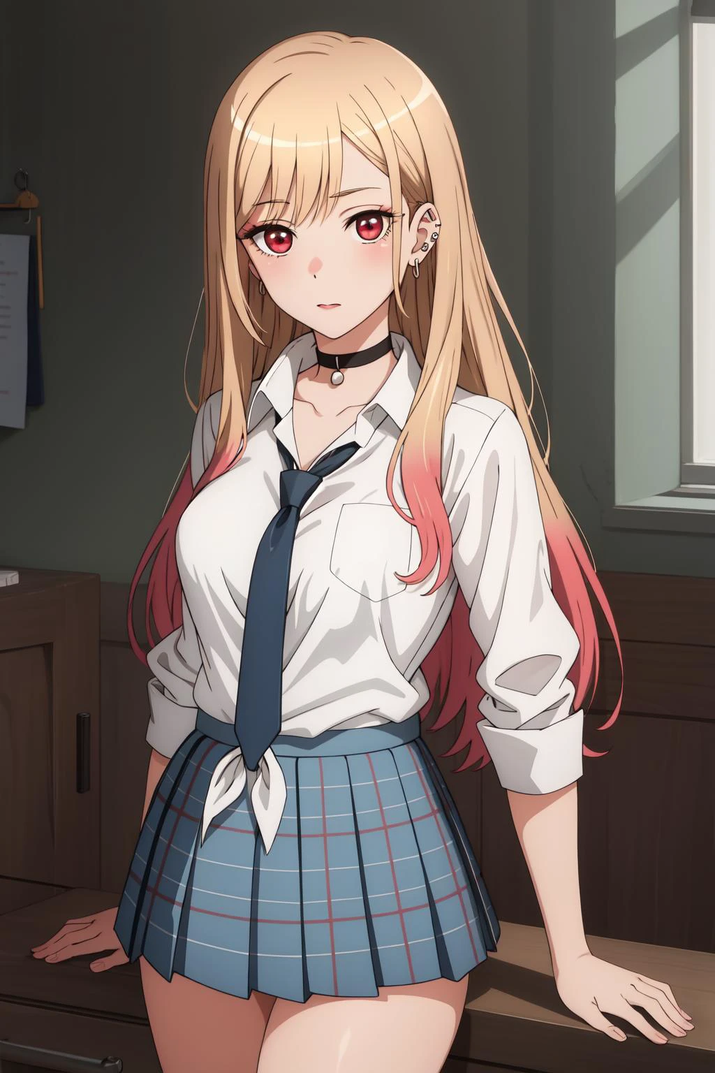 masterpiece, best quality, highres, looking at viewer, pikkymarin, 1girl, solo, looking at viewer, blonde hair, multicolored hair, gradient hair, long hair, bangs, red eyes, breasts, medium breasts, ear piercing, necktie, school uniform, skirt, choker, shirt, piercing, black choker, jewelry, earrings, white shirt, plaid skirt, tied shirt, plaid, pleated skirt, collared shirt, blue skirt <lora:Marin:.7>