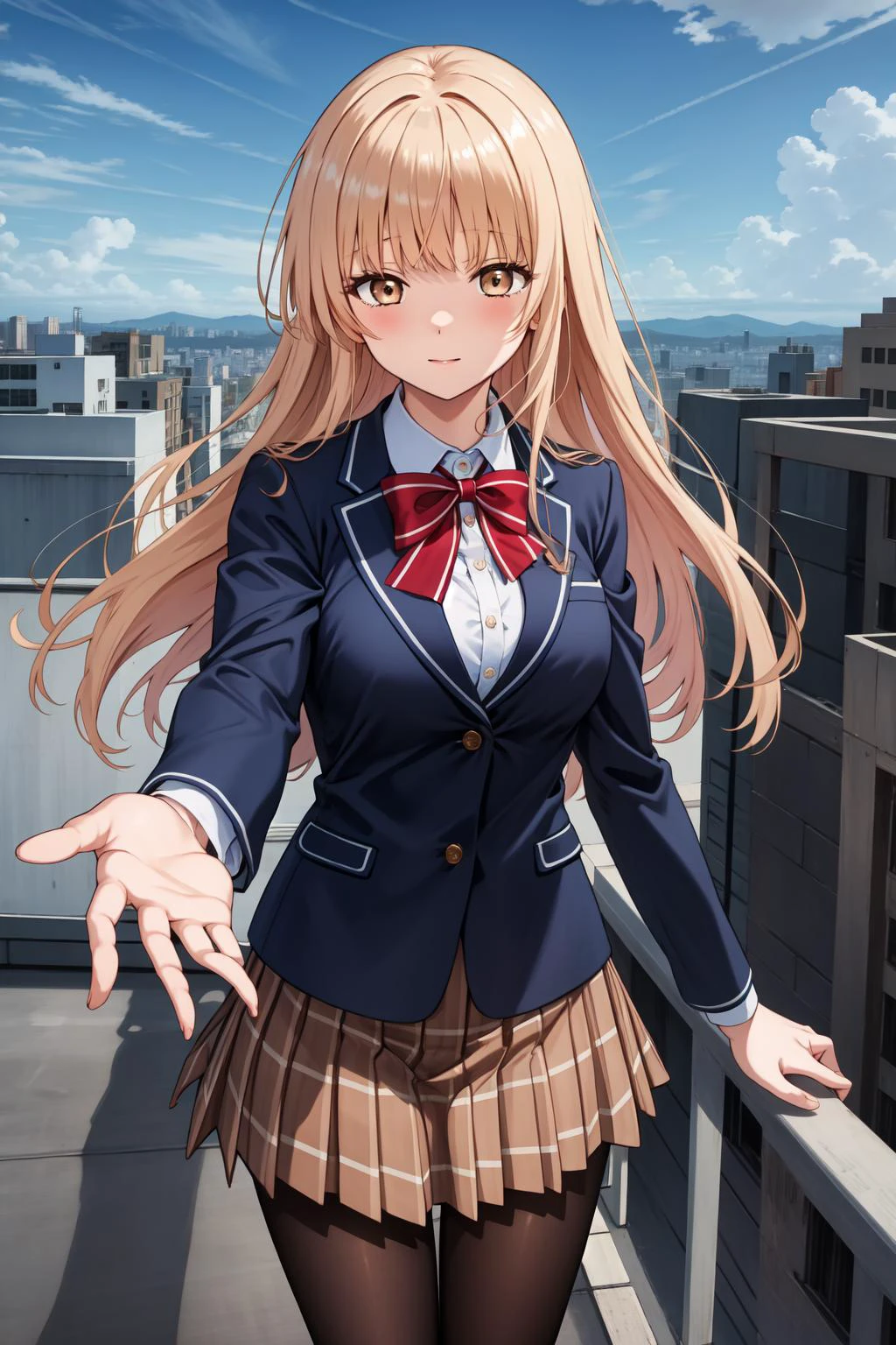 masterpiece, best quality, highres, aamahiru, long hair, red bowtie, blue jacket, blazer, long sleeves, plaid skirt, brown skirt, pantyhose, <lora:shiina_mahiru_v1:0.7>, reaching out, city, rooftop, sky, standing