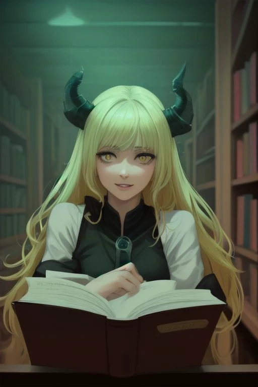 A young tiefling stands tall, her light green skin contrasting with the vibrant colors of her mage robe. With a mischievous glint in her golden eyes, she flash a bright smile, revealing a set of slightly pointed teeth. Dark, curling horns peek out from beneath a tousled mane of bright blond hair. Despite her devilish appearance, there's an air of curiosity and intelligence about her. In one hand, she hold a massive tome, its ancient pages worn with age and knowledge. With a focused gaze, she pour over its contents, her sharp mind absorbing the wisdom contained within. The tiefling's posture exudes confidence and determination, a testament to her relentless pursuit of arcane mastery.
Surrounded by the hushed ambiance of a study or library, the tiefling seems utterly engrossed in her reading, her world momentarily suspended in the pages of the book. Yet, there's a playful spark in her eyes, hinting at the potential for mischief or adventure that lies just beyond the confines of the written word.