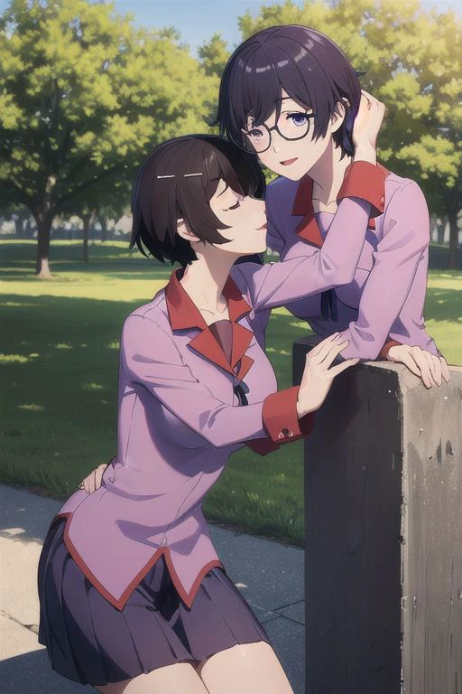masterpiece, best quality, <lora:hanekawa-nvwls-v1-000008:0.9> altTsubasa, short hair, hairclip, purple eyes, glasses, (huge breasts:0.8), school uniform, long sleeves, pink shirt, pleated skirt, looking at viewer, closed eyes, happy, blue sky, trees, park