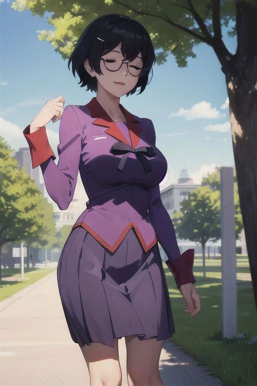 masterpiece, best quality, <lora:hanekawa-nvwls-v1-000008:0.9> altTsubasa, short hair, hairclip, purple eyes, glasses, (huge breasts:0.8), school uniform, long sleeves, pink shirt, pleated skirt, looking at viewer, closed eyes, happy, blue sky, trees, park