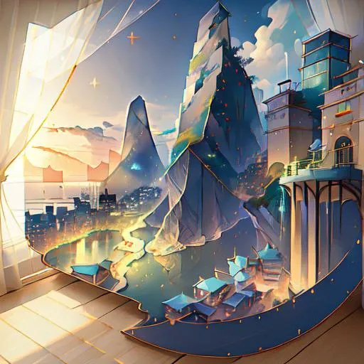 <lora:colorful_landscape:1.2> bed, building, city, city_lights, cityscape, cloud, curtains, horizon, mountain, no_humans, ocean, poster_\(object\), scenery, sky, table, water, window