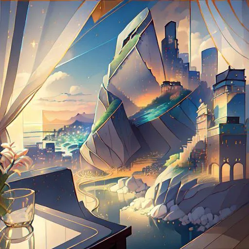 <lora:colorful_landscape:1.2> bed, building, city, city_lights, cityscape, cloud, curtains, horizon, mountain, no_humans, ocean, poster_\(object\), scenery, sky, table, water, window