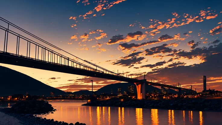<lora:acolorfullora:0.54> bridge, building, chimney, city, city_lights, cityscape, cloud, cloudy_sky, evening, gradient_sky, house, mountain, no_humans, ocean, orange_sky, outdoors, power_lines, railing, real_world_location, red_sky, river, scenery, sky, skyscraper, street, sunset, tower, tree, twilight, water, window <lora:epiNoiseoffset_v2:0.5>