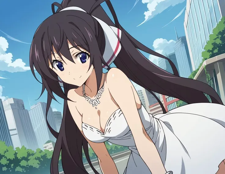 score_9, score_8_up, score_7_up, source_anime,
houkishinonono, <lora:houki-shinonono-s2-ponyxl-lora-nochekaiser:1>,
houki shinonono, long hair, blue eyes, black hair, ribbon, hair ribbon, ponytail,
dress, cleavage, bare shoulders, jewelry, bracelet, white dress,
outdoors, cityscape, street, bent over, smile,
looking at viewer, cowboy shot, solo, dutch angle,