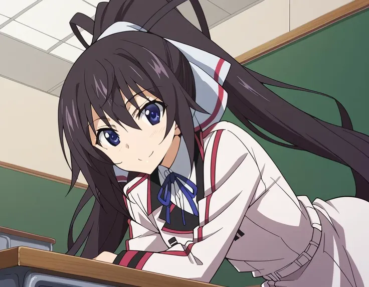 score_9, score_8_up, score_7_up, source_anime,
houkishinonono, <lora:houki-shinonono-s2-ponyxl-lora-nochekaiser:1>,
houki shinonono, long hair, blue eyes, black hair, ribbon, hair ribbon, ponytail,
school uniform, ribbon, blue ribbon, long sleeves, red trim, uniform, military uniform, white military uniform,
indoors, classroom, bent over, smile,
looking at viewer, cowboy shot, solo, dutch angle,