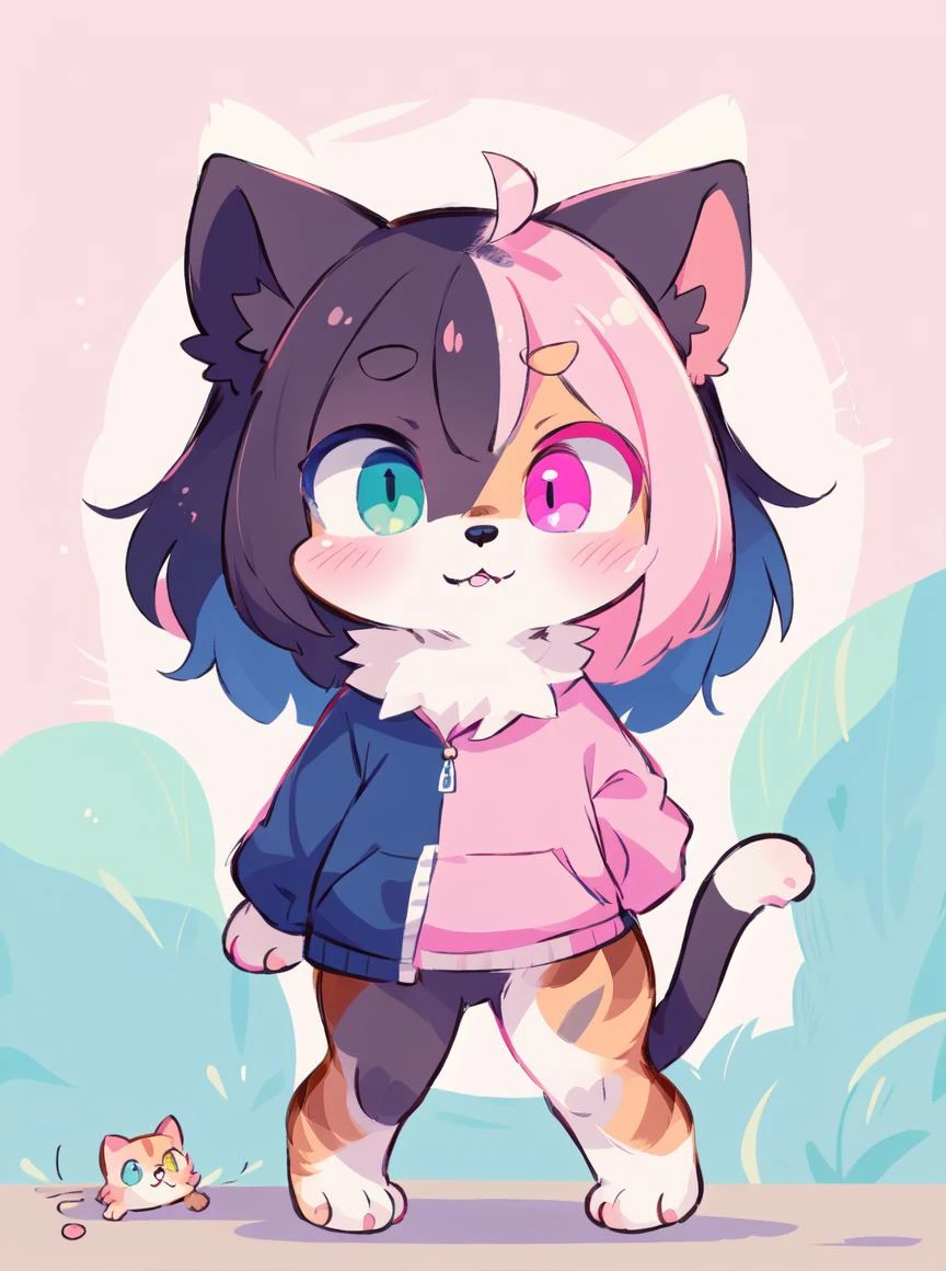 masterpiece, best quality, hires, <lora:Chimera_cat:0.8>, chimera_cat, feline, cat, divided face, half pink, half blue, solo, fullbody, anthro, furry, heterochromia,
