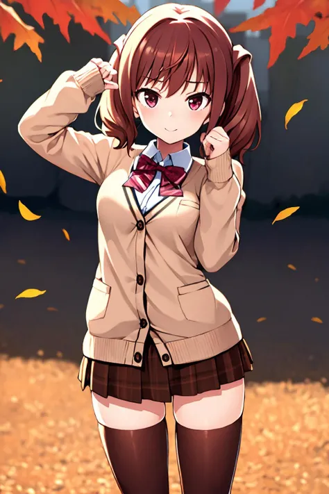 16k, highres, masterpiece, best quality,
cinematic photo,
pinup of 1girl, kimikage yui, twintails, medium breasts,
school uniform, long sleeves, pink cardigan, red bowtie, brown skirt, (white thighhighs:1.1), (joyful:1.1), cute pose,
outdoors, landscape of autumn leaves, the daytime,
<lora:Kimikage Yui-v2:0.9>,
35mm photograph, film, bokeh, professional, 4k, highly detailed,